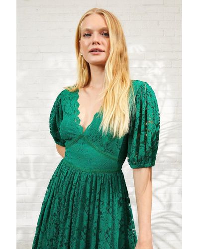 Oasis Lace Ruffle Sleeve Midi Dress - Green