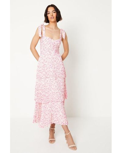 Oasis Ditsy Floral Pleated Tie Shoulder Midi Dress - Pink