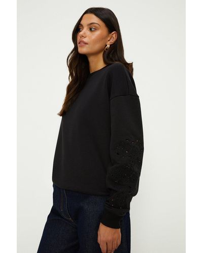 Oasis Embroidered Cutwork Crew Neck Longline Sweatshirt - Black