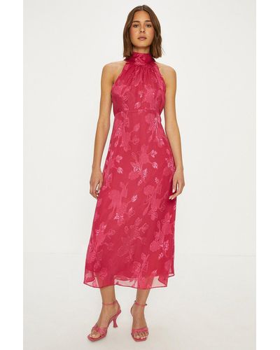 Oasis Petite Floral Satin Burnout Halter Midi Dress - Red