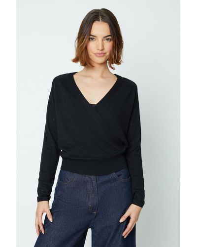 Oasis Pointelle Wrap Front Lightweight Jumper - Black