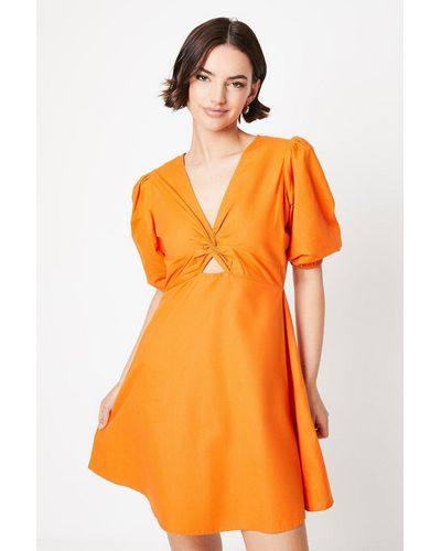 Oasis Cotton Poplin Knot Front Puff Sleeve Mini Dress - Orange
