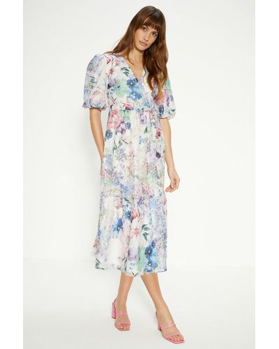 Oasis Ditsy Floral Wrap Puff Sleeve Organza Midi Dress - White