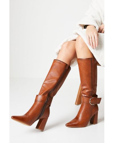 Oasis Jodie Block Heel Buckle Detail Pointed Knee High Boots - Natural