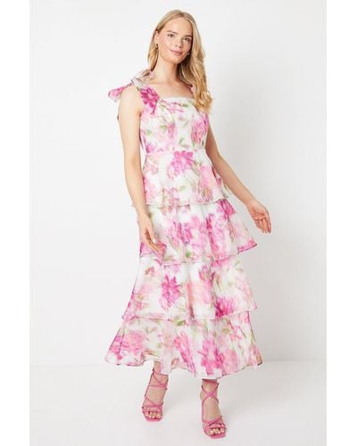 Oasis Blurred Floral Tie Shoulder Organza Tiered Midi Dress - Pink