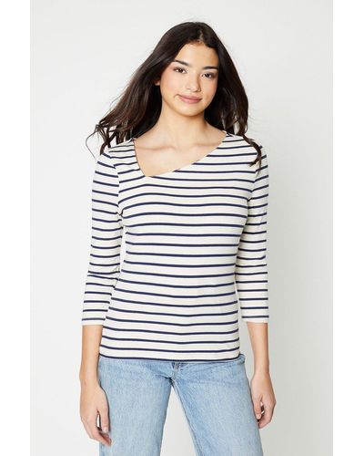 Oasis Stripe Asymmetric Neck 3⁄4 Sleeve Jersey Top - White