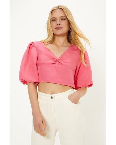 Oasis Linen Mix Puff Sleeve Twist Front Top - Pink