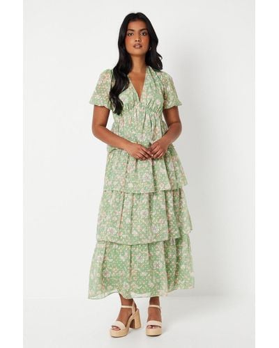 Oasis Floral Dobby Chiffon Puff Sleeve Tiered Midaxi Dress - Green