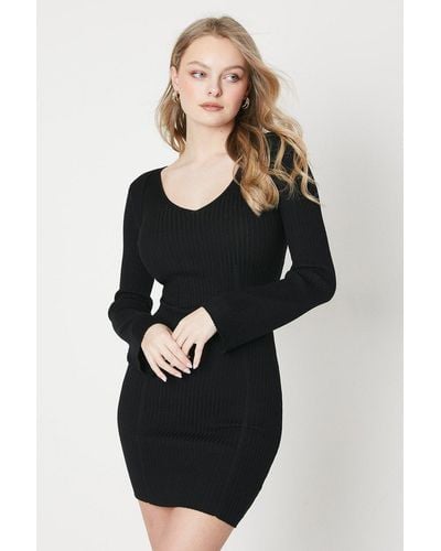 Oasis Knitted Rib V Neck Mini Dress - Black