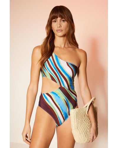 Oasis Cut Out Abstract One Shoulder Swimsuit - Blue