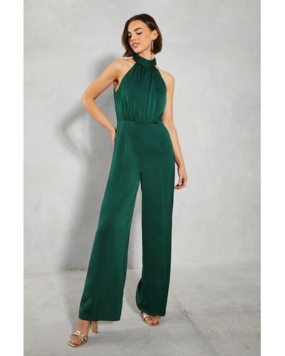 Oasis Satin Halter Wide Leg Bridesmaids Jumpsuit - Green