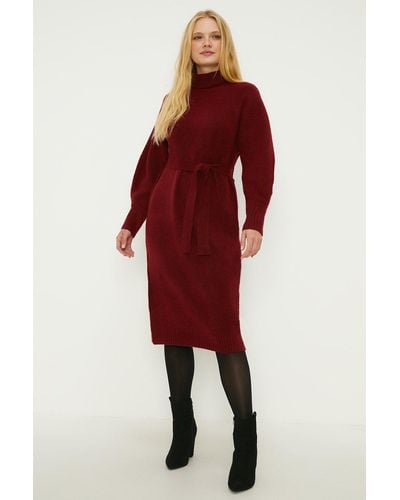 Oasis Belted Cosy Roll Neck Midi Dress - Red