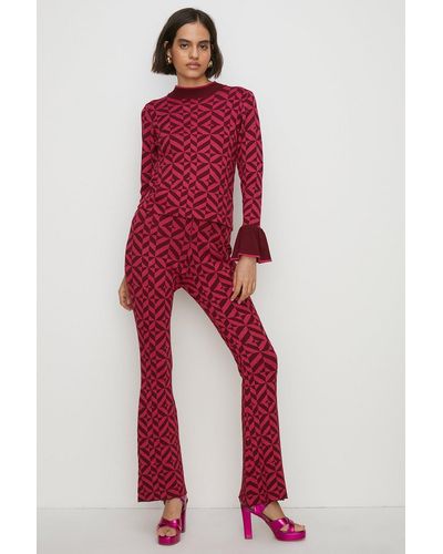 Oasis Sparkle Geo Jacquard Knitted Trouser - Red