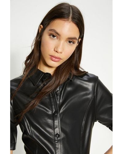 Oasis Faux Leather Button Through Shift Dress - Black