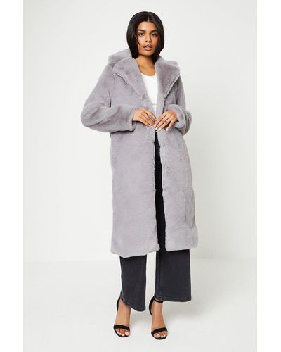 Oasis Petite Plush Faux Fur Open Collar Coat - Grey