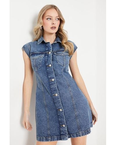 Oasis Denim Sleeveless Button Through Mini Dress - Blue