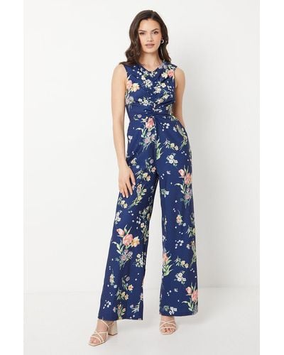 Oasis Floral Poly Moss Crepe Ruched Front Wide Leg Jumpsuit - Blue