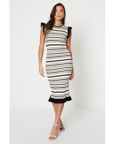 Oasis Petite Contrast Frill Stripe Knitted Midi Dress - White