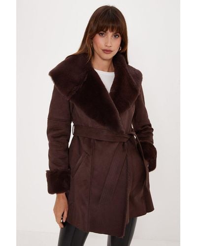 Oasis Faux Shearling Collar Belted Short Coat - Brown