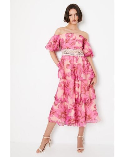 Oasis Organza Floral Bardot Midaxi Dress - Pink