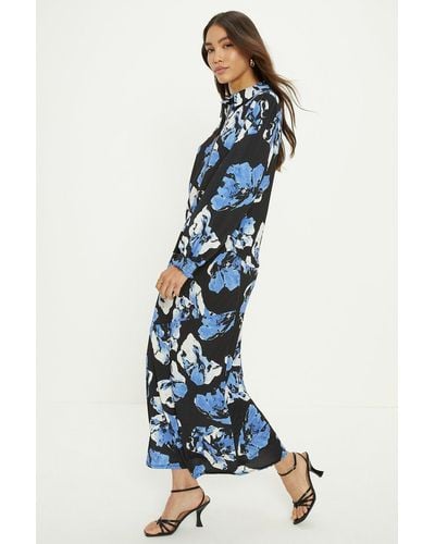 Oasis Floral Printed Seam Detail Midi Skirt - Blue
