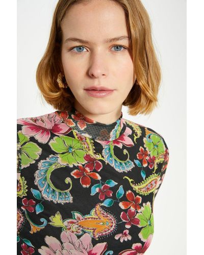 Oasis Paisley Printed Funnel Neck Mesh Top - Blue