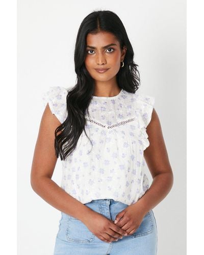 Oasis Embroidered Printed Ladder Trim Top - White