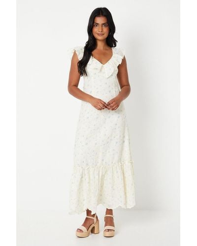 Oasis Embroidered Floral Frill Neckline Midaxi Dress - White