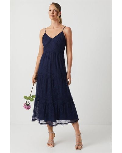 Oasis Delicate Lace Trim Insert Strappy Maxi Bridesmaids Dress - Blue