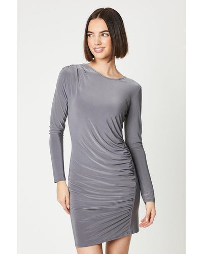 Oasis Ruched Side Long Sleeve Mini Dress - Grey