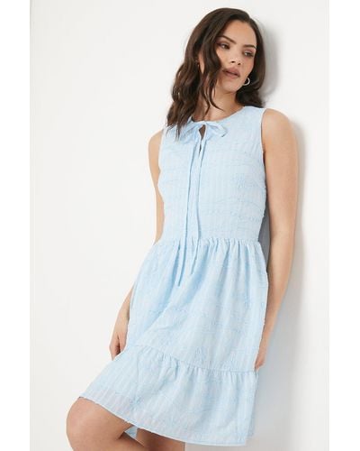 Oasis Embroidered Cotton Tie Neckline Tiered Mini Dress - Blue