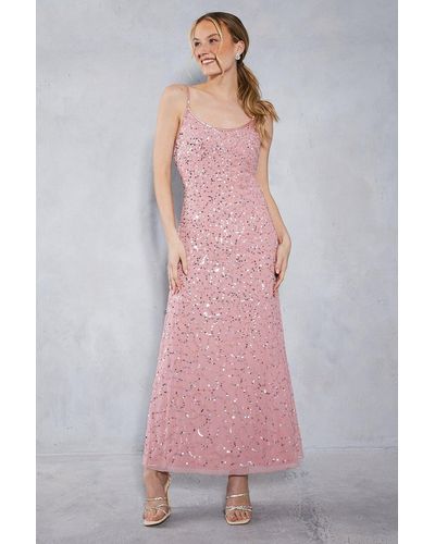 Oasis Embellished Neckline Sequin Maxi Dress - Pink