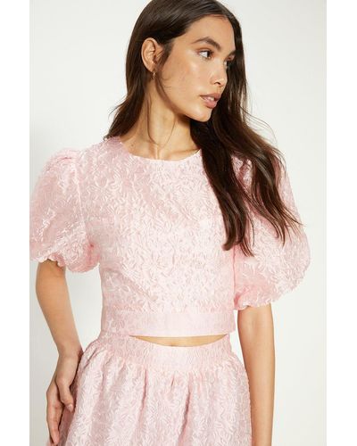 Oasis Jacquard Puff Sleeve Bow Back Top - Natural