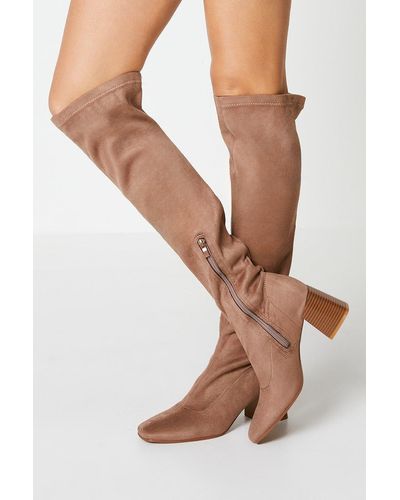 Oasis Jerri Square Toe Medium Stacked Block Heel Knee High Boots - Natural