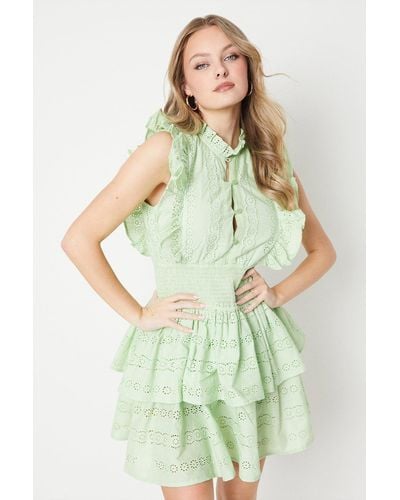 Oasis Broderie Frill Detail Shirred Waist Mini Dress - Green