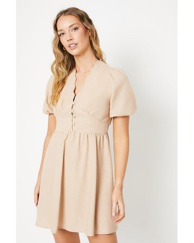 Oasis Linen Scallop Edge Button Down Mini Dress - Natural