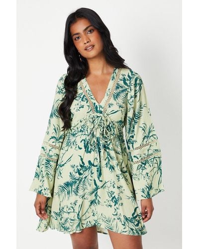 Oasis Petie Floral Tie Front Kimono Sleeve Tiered Mini Dress - Green
