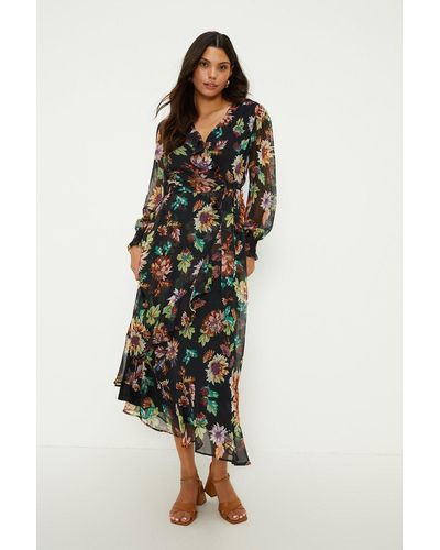 Oasis Floral Ruffle Chiffon Wrap Midi Dress - Black