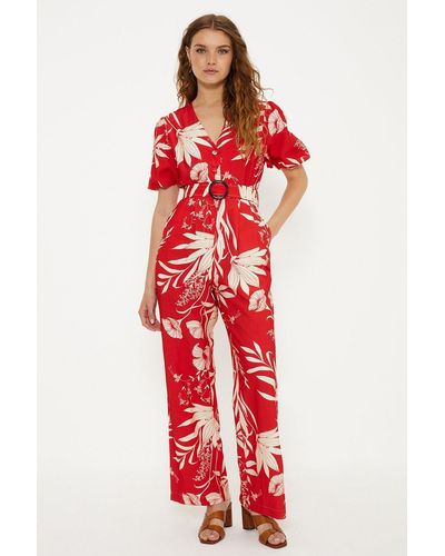 Oasis Floral Print Puff Sleeve Belted Jumpsuit - Red