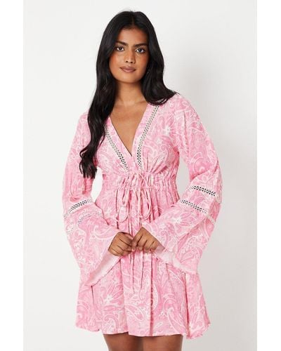 Oasis Paisley Tie Front Kimono Sleeve Tiered Crinkle Mini Dress - Pink