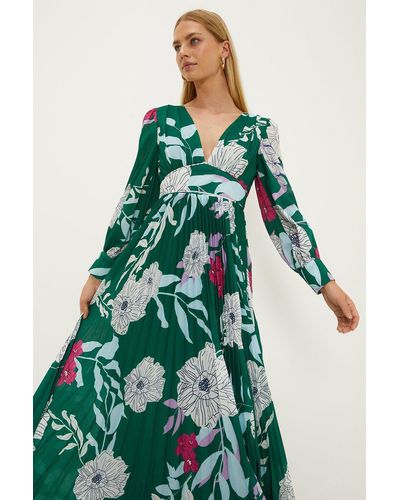 Oasis Statement Floral Tie Back Pleated Maxi Dress - Green