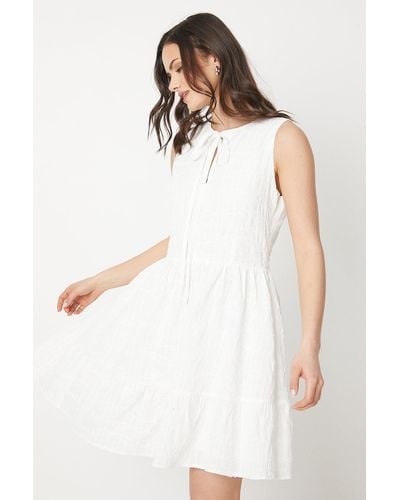 Oasis Embroidered Cotton Tie Neckline Tiered Mini Dress - White