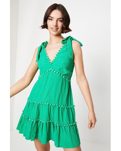 Oasis Plain Pom Pom Trim Tie Shoulder Crinkle Mini Dress - Green