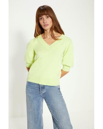 Oasis 3/4 Puff Sleeve V Neck Jumper - Yellow