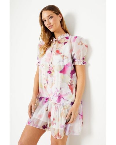 Oasis Blurred Floral 3d Flower Puff Sleeve Mini Dress - White