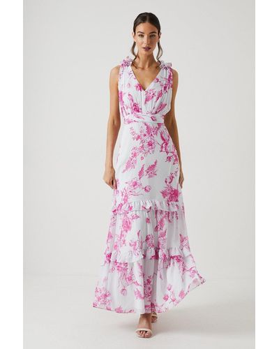 Oasis Floral Ruffle Shoulder Chiffon Maxi Bridesmaids Dress - Pink