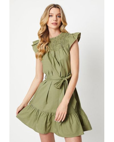 Oasis Shirred Yoke Poplin Mini Dress - Green