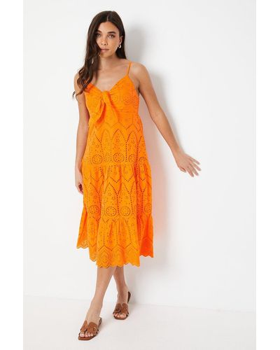 Oasis Petite Knot Detail Broderie Cami Midi Dress - Orange