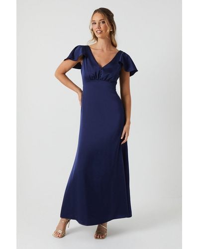 Oasis Ruffle Shoulder Satin Maxi Bridesmaid Dress - Blue
