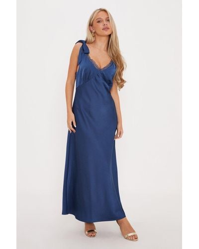 Oasis Petite Lace Insert Tie Shoulder Midi Bridesmaids Dress - Blue